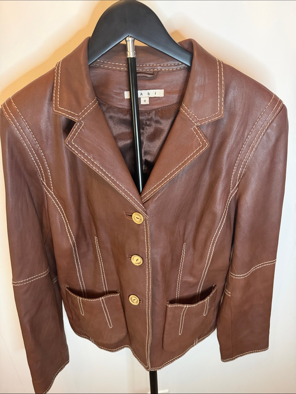 CAbi Brown Leather Button-Front Jacket with Contrast Stitching
